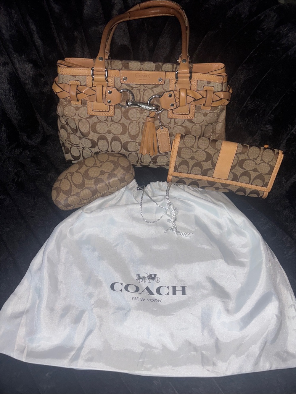 Coach Tan and Brown Signature Jacquard Tote with Wallet & Case